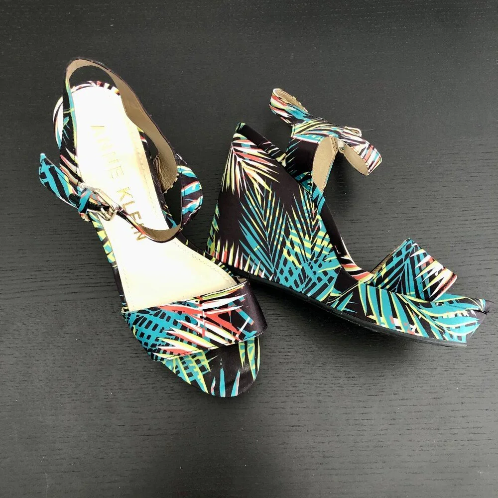 Anne Klein Tropical Print Wedge Heeled Sandals, Green Black, Size 8.5